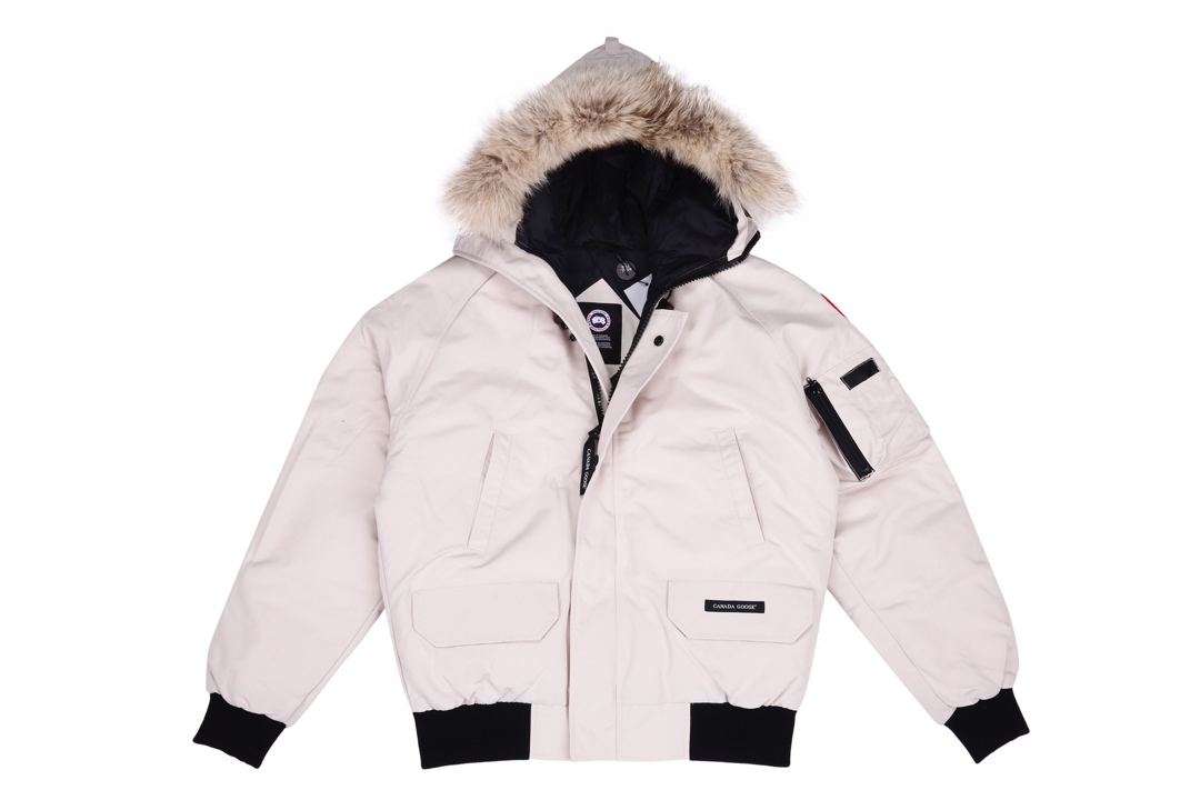 Canada Goose White Down Padded Bomber Jacket with Fur Hood - Unisex