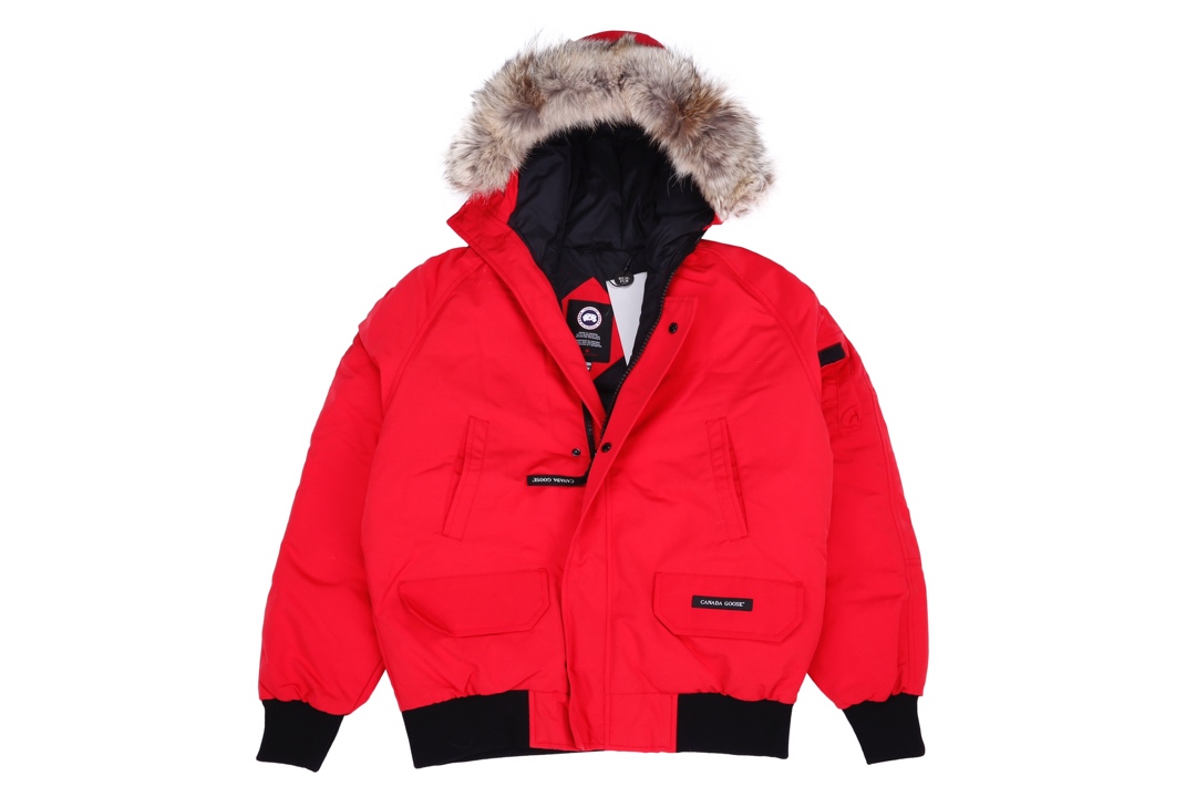 Canada Goose Red Down Padded Bomber Jacket with Fur-Trimmed Hood