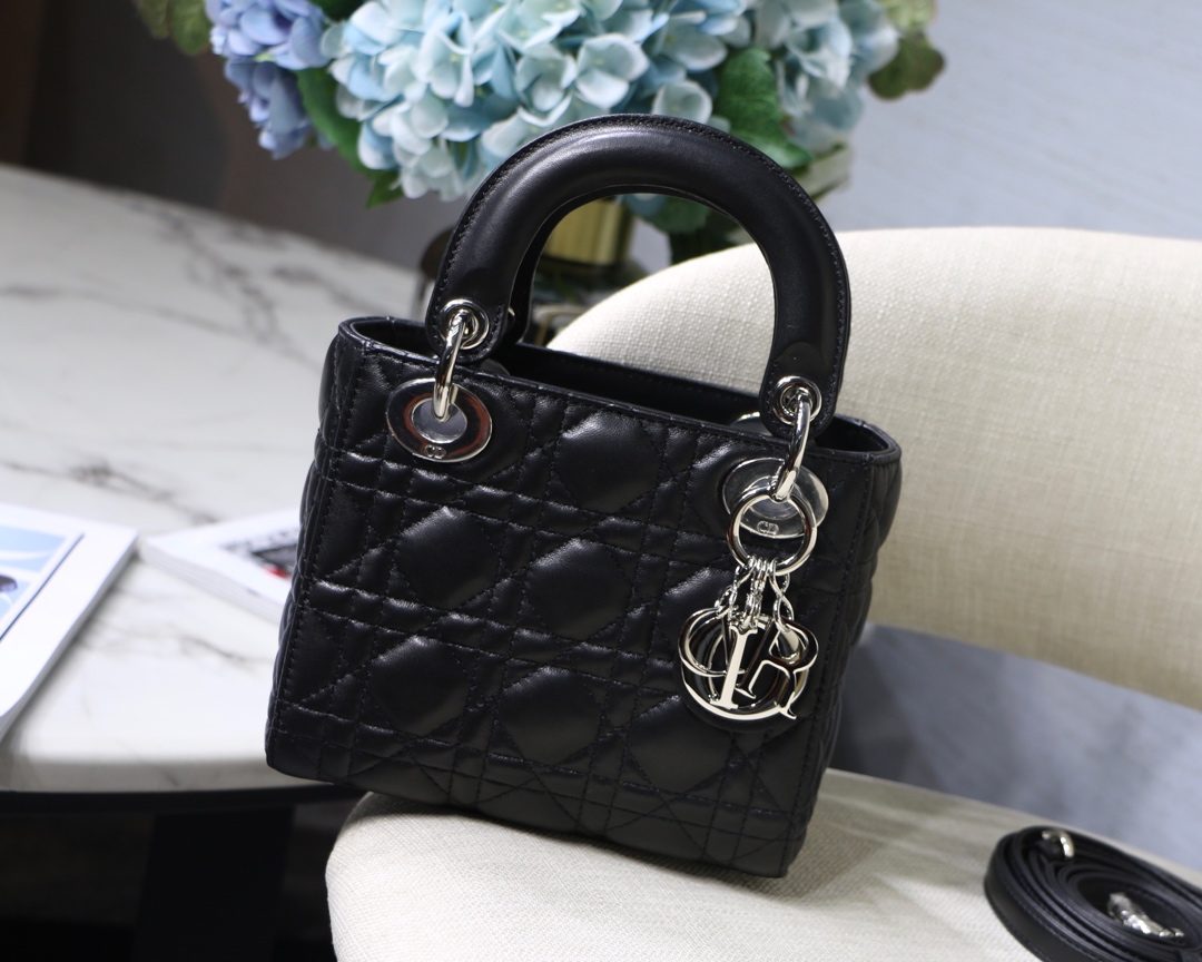 Lady Dior Bag Black Lambskin Mini Double Chain Adjustable Strap