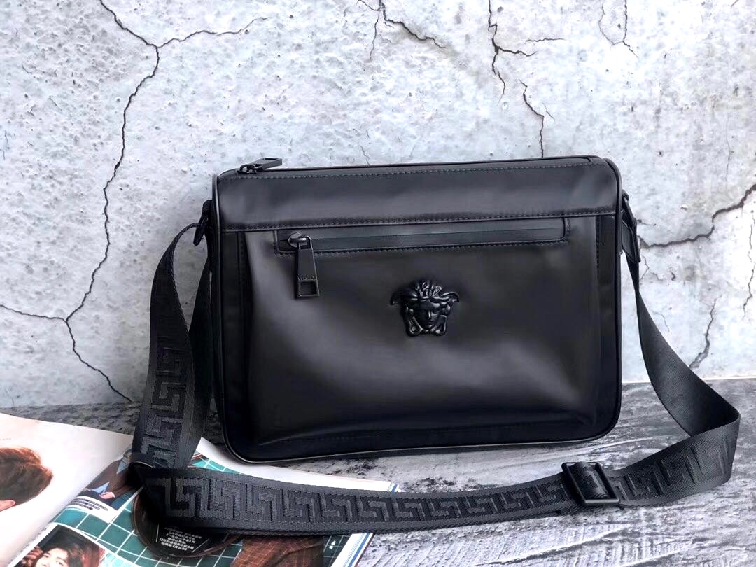 Versace Black Leather Crossbody Bag with Medusa Accent - 30x20x10cm