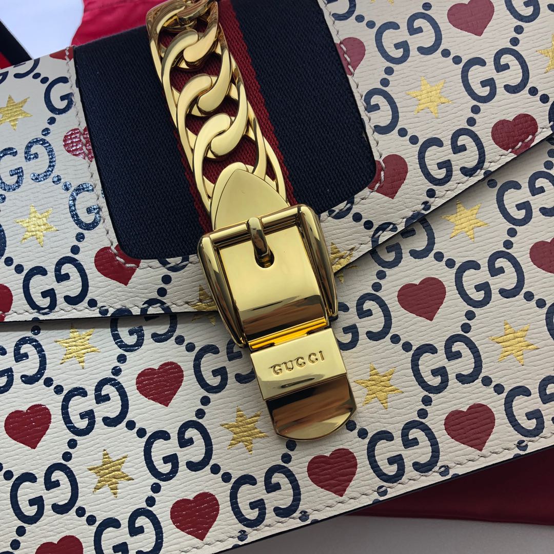 GUCCI古驰米白爱心款红蓝条纹单肩斜挎包524405