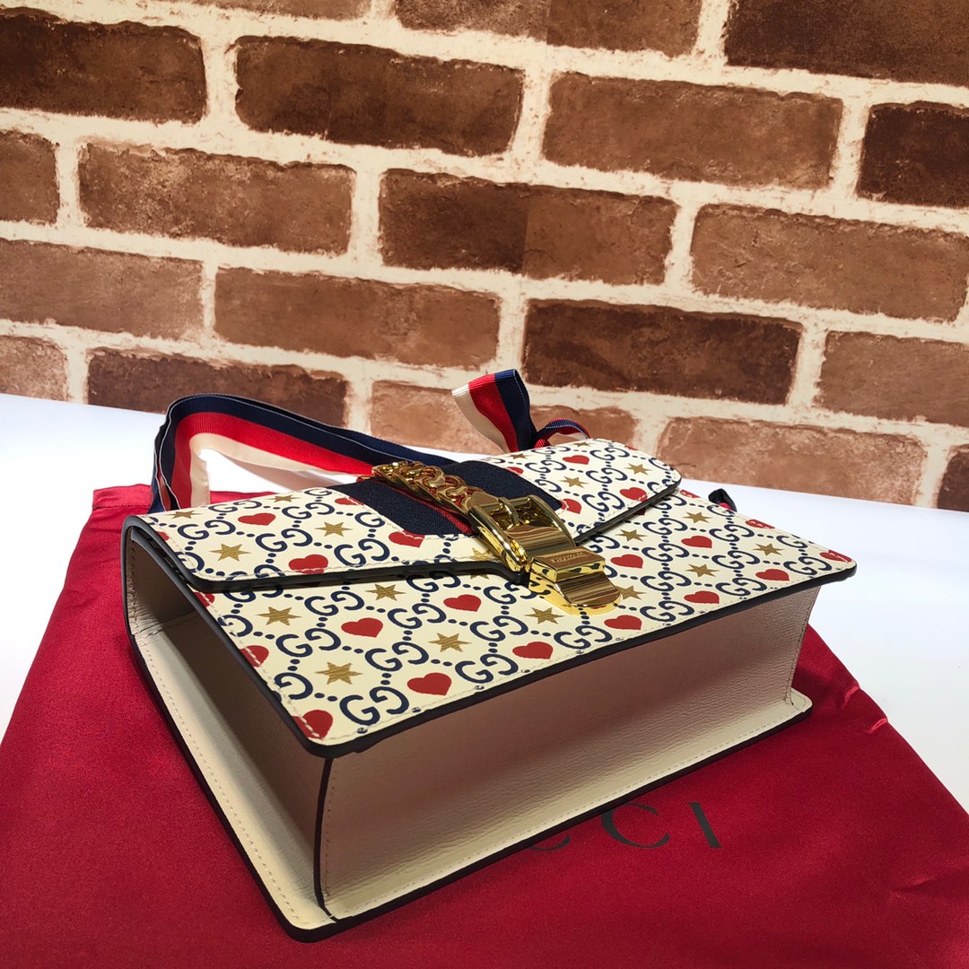 GUCCI古驰米白爱心款红蓝条纹单肩斜挎包524405