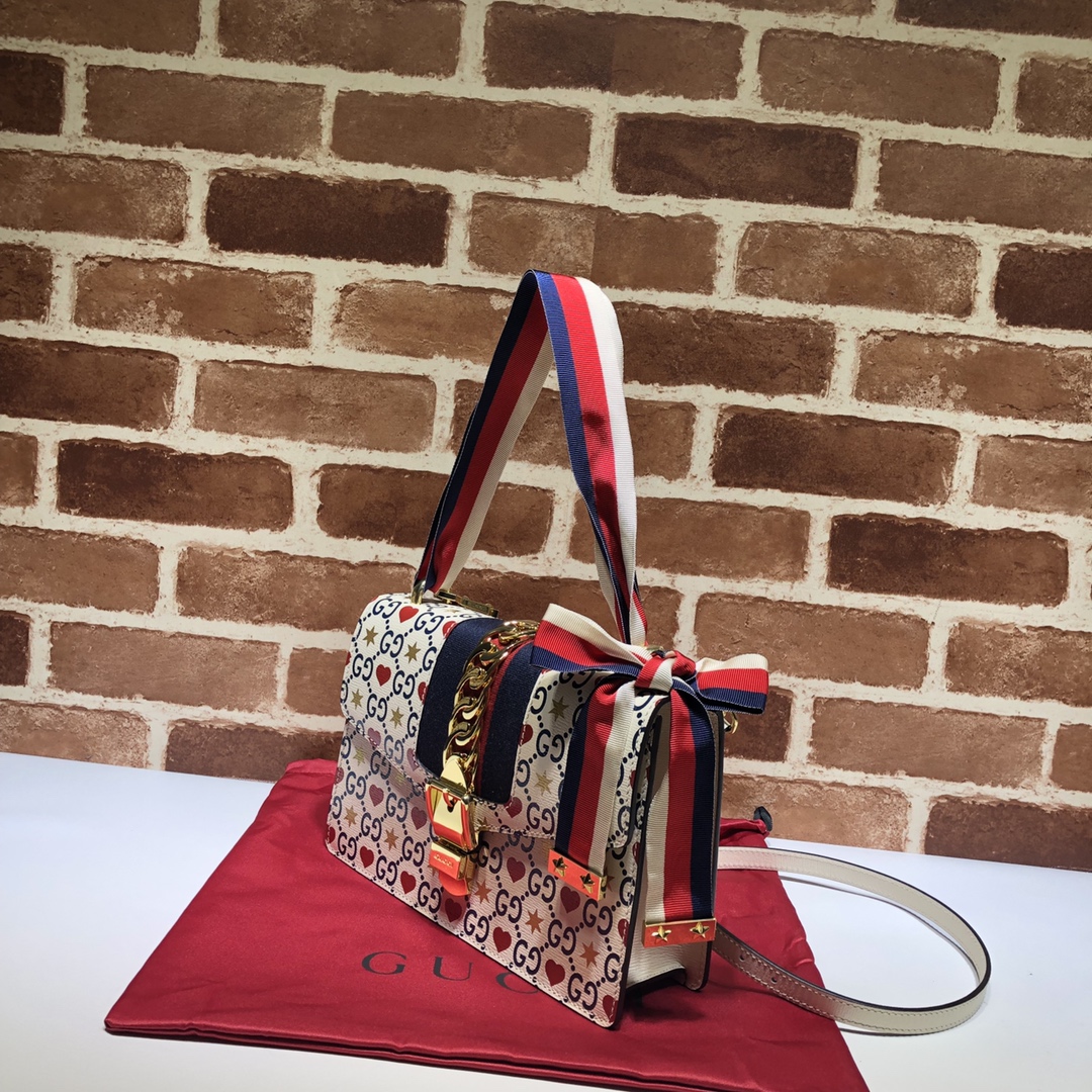 GUCCI古驰米白爱心款红蓝条纹单肩斜挎包524405