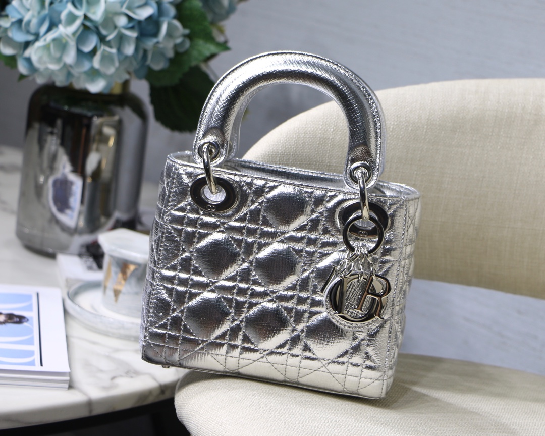 Silver Lady Dior Mini Lambskin Double Chain Cannage