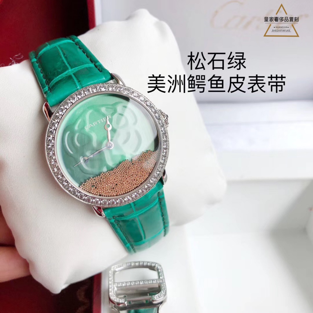 Cartier 卡地亚流沙豹系列 34mm 女款腕表 意大利小牛皮表带（可另配美洲鳄鱼皮） 316L精钢表壳表扣镶嵌施华洛世奇碎钻