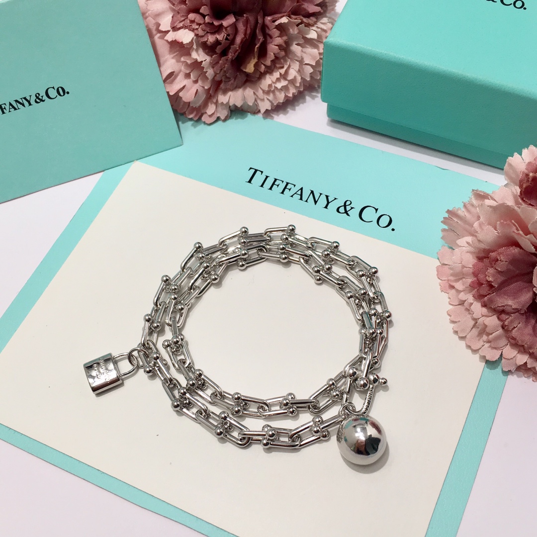 Tiffany & Co. 竹节吊球锁头手链TFN蒂芙尼锁头圆球吊件双圈缠绕式手链 亚金材料 金银玫3个色 40cm