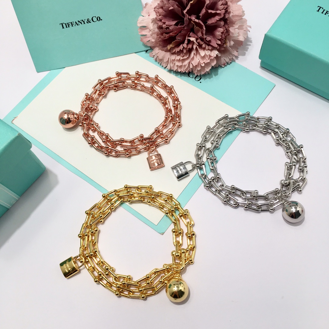 Tiffany & Co. 竹节吊球锁头手链TFN蒂芙尼锁头圆球吊件双圈缠绕式手链 亚金材料 金银玫3个色 40cm