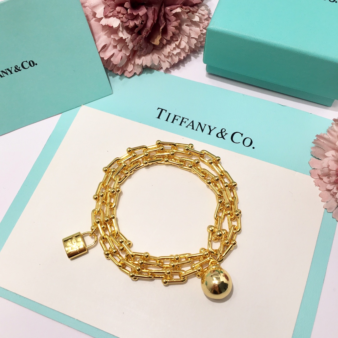 Tiffany & Co. 竹节吊球锁头手链TFN蒂芙尼锁头圆球吊件双圈缠绕式手链 亚金材料 金银玫3个色 40cm