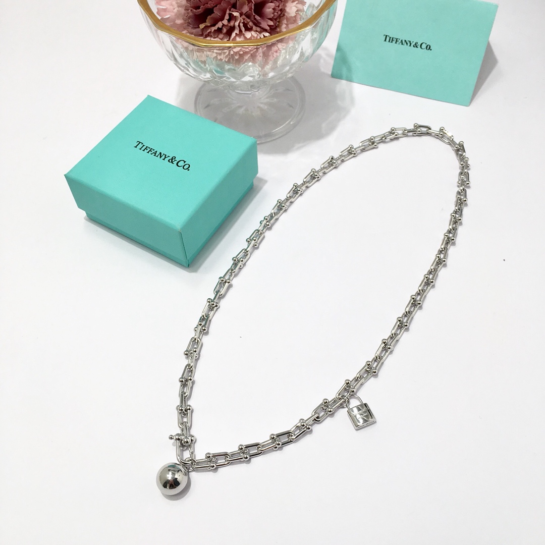 Tiffany & Co. TFN蒂芙尼锁头圆球吊件双圈缠绕式项链 亚金材料 金银玫3个色 45cm