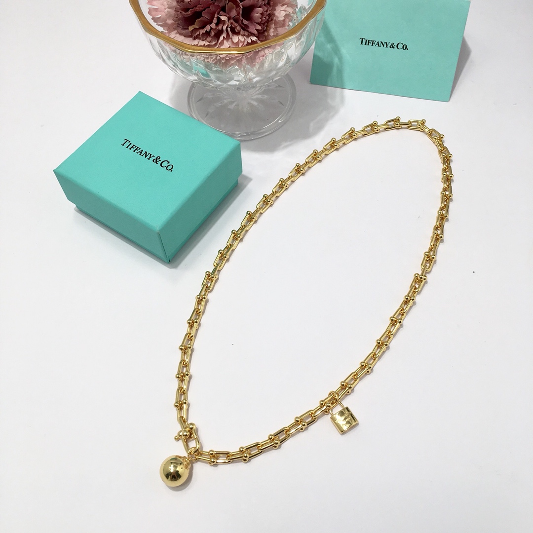 Tiffany & Co. TFN蒂芙尼锁头圆球吊件双圈缠绕式项链 亚金材料 金银玫3个色 45cm