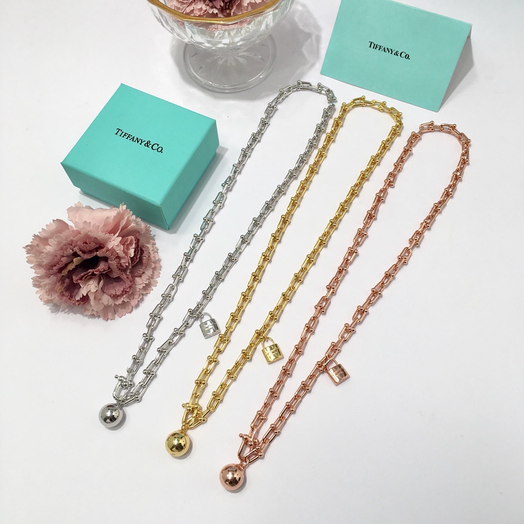 Tiffany & Co. TFN蒂芙尼锁头圆球吊件双圈缠绕式项链 亚金材料 金银玫3个色 45cm