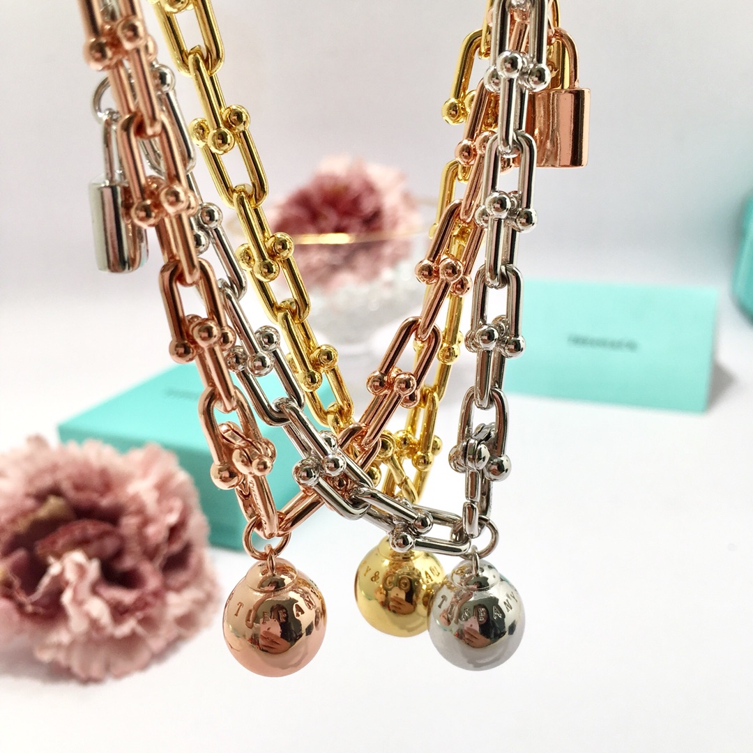 Tiffany & Co. TFN蒂芙尼锁头圆球吊件双圈缠绕式项链 亚金材料 金银玫3个色 45cm