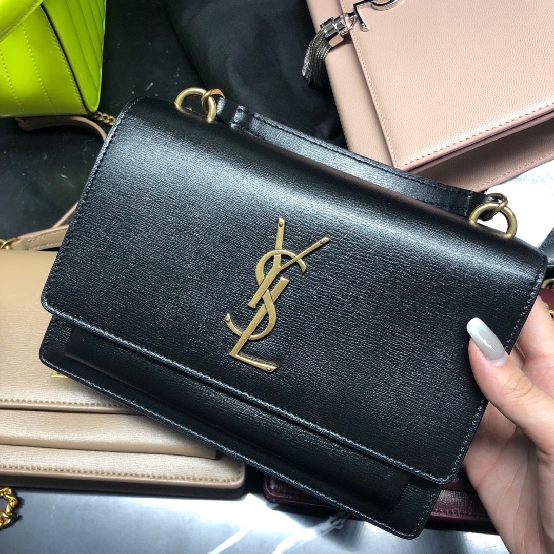 YSL 𝑺𝒖𝒏𝒔𝒆𝒕 𝑾𝒐𝒄 19CM 牙签纹日落包 533026黑色/金扣