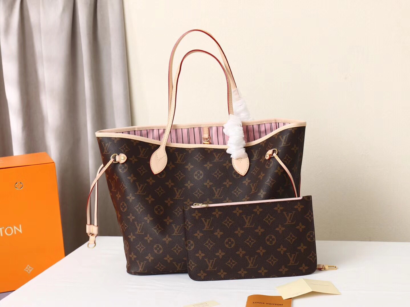 Louis Vuitton LV Neverfull Bags Handbags Gold Pink Canvas Cowhide Fabric Linen Vintage M40995