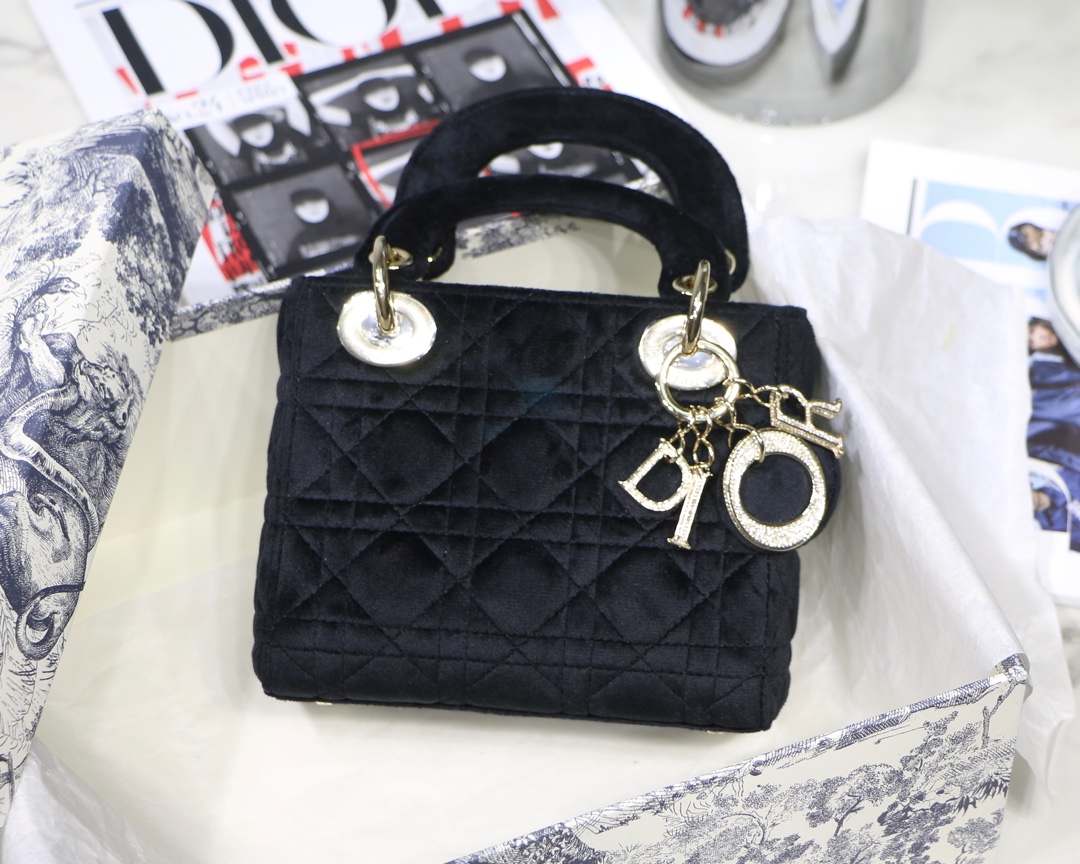 Lady Dior Mini Velvet Crystal CD Buckle Handbag