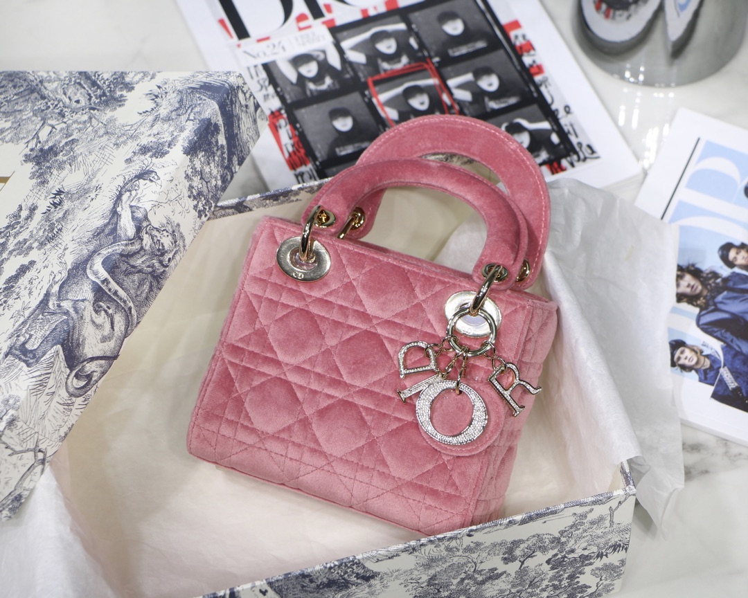 Pink Velvet Lady Dior Bag with Rhinestone CD Buckle Handbag