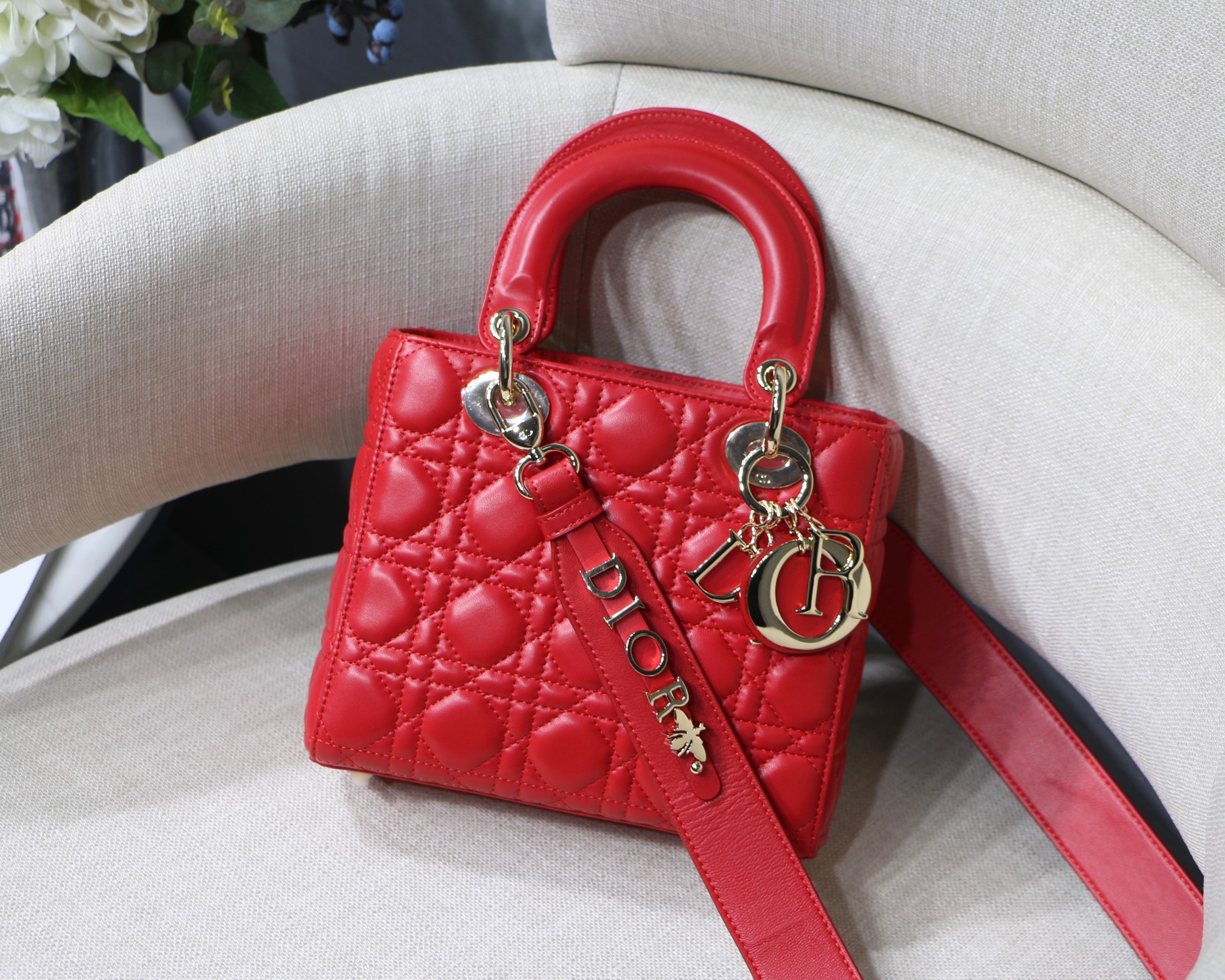 DIOR 黛妃包 藤格紋 徽章 寬肩帶 手提斜背