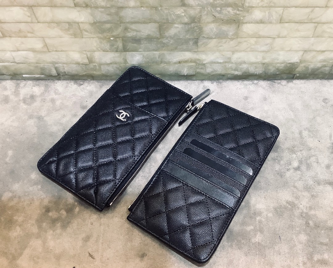 Chanel 2022新品 经典款球纹菱格纹双C手机包 卡包 A84402黑色/银扣