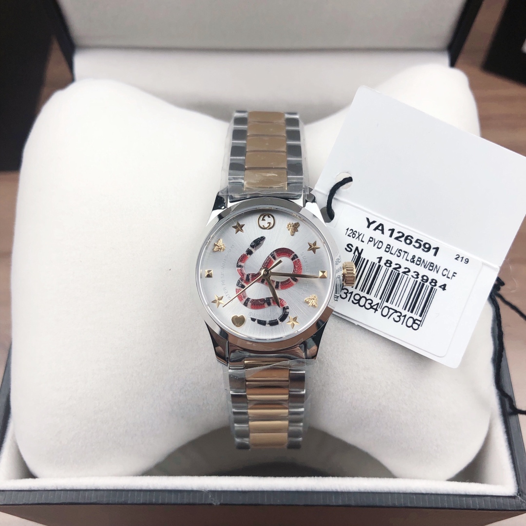 NO:388937,Gucci G-Timeless watch, quartz women's watch, watch diameter 29mm, sapphire crystal glass, stainless steel case, strap, interelectric VD gold steel belt, surface decoration with a snake pattern, waterproof 50m spot, gucci, gold19860909古驰G一Timeless腕表,石英女表,表径29mm,蓝宝石水晶玻璃,精钢表壳、表带,间电VD黄金钢带,表面饰以灵蛇图案,防水50m现货,,gucci,gold,Watch