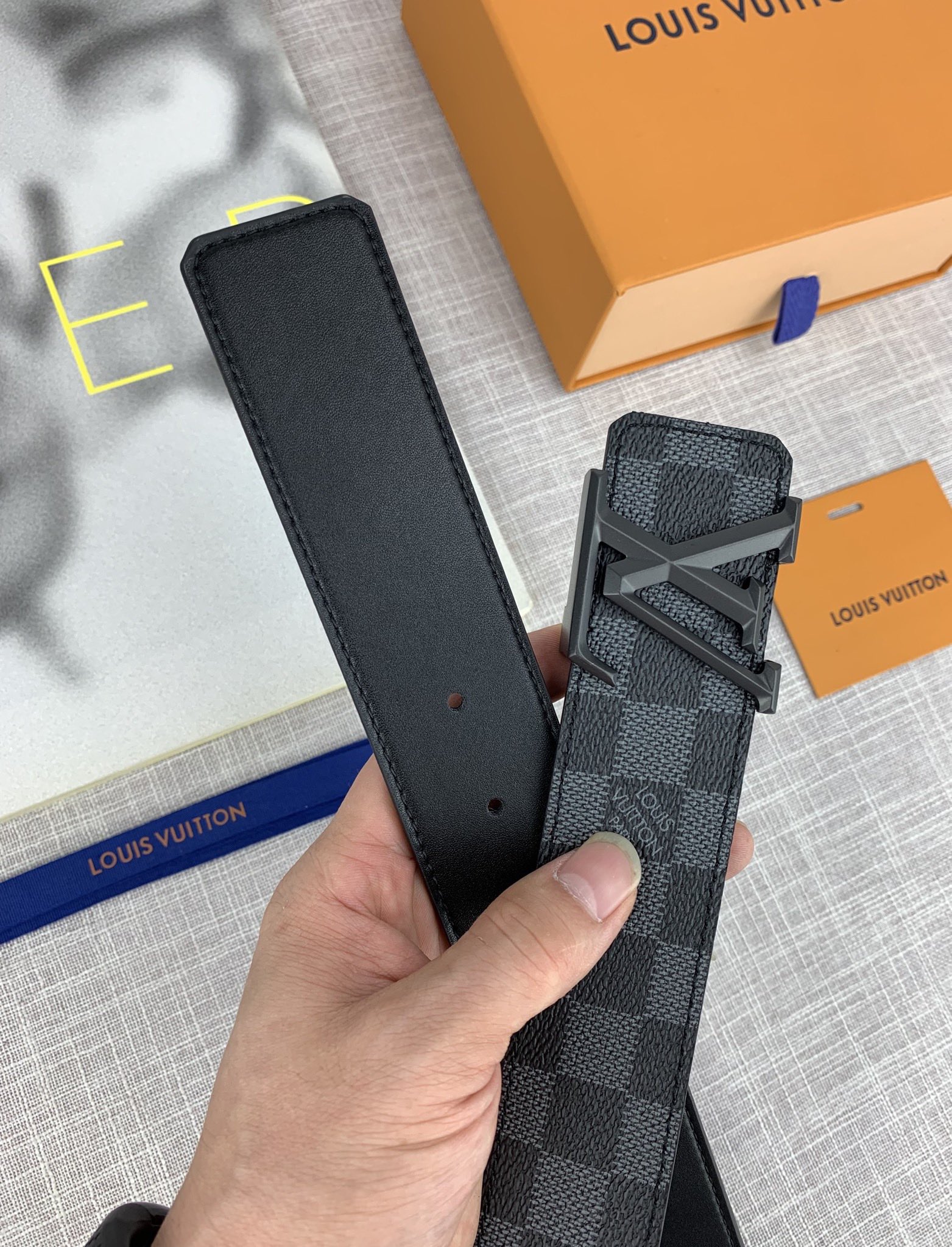 配全套包装盒LV进口老花面料腰带宽4