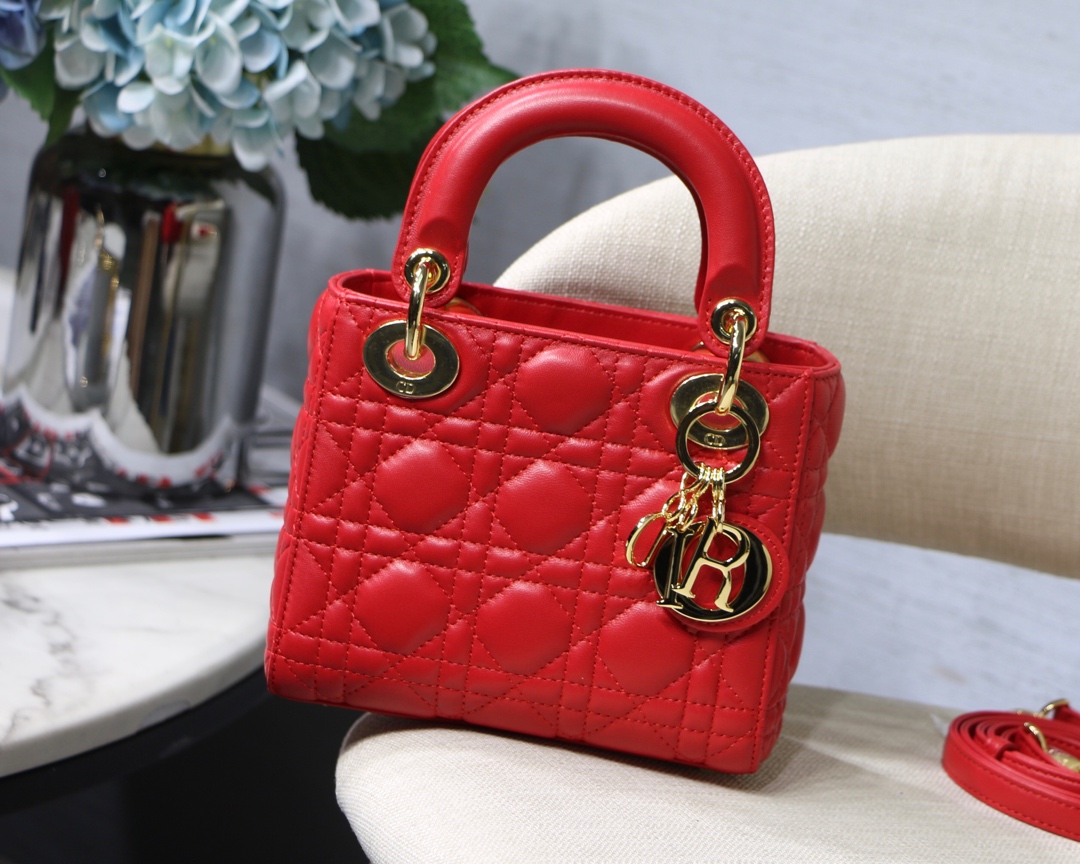 Lady Dior Mini 3-Compartment Lambskin Double Chain Red