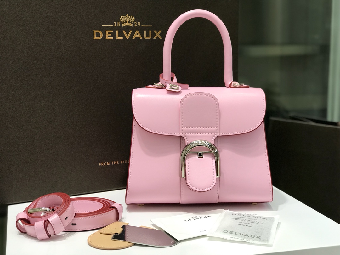 专柜新色新版樱花粉比利时皇家御用品牌顶级原单Delvaux新版双环brillantbox皮现货️小羊皮内