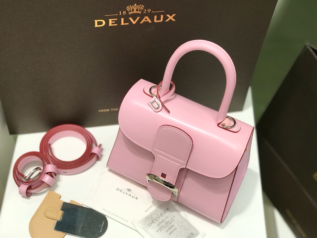 专柜新色新版樱花粉比利时皇家御用品牌顶级原单Delvaux新版双环brillantbox皮现货️小羊皮内