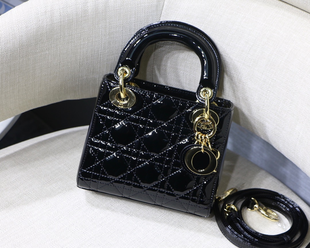 Lady Dior Mini 3-Compartment Imported Patent Calfskin Double Chain Adjustable Strap