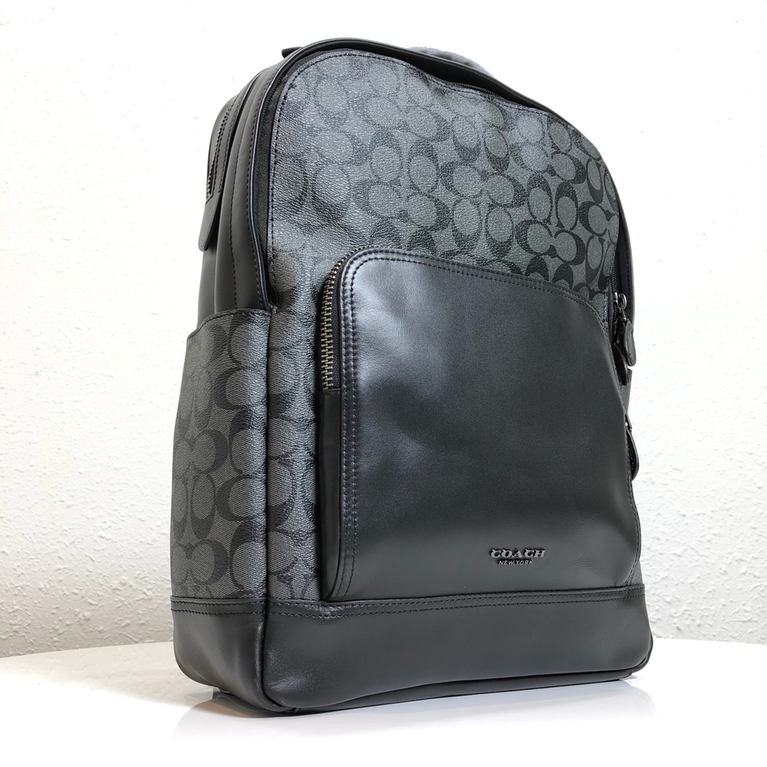 Coach 高端品质 PVC配皮款式 男士双肩背F37599 F38755 F50719 男款双拉链书包登山包电脑包 侧边 内里还有小口袋 可装IPAD 电脑笔记本