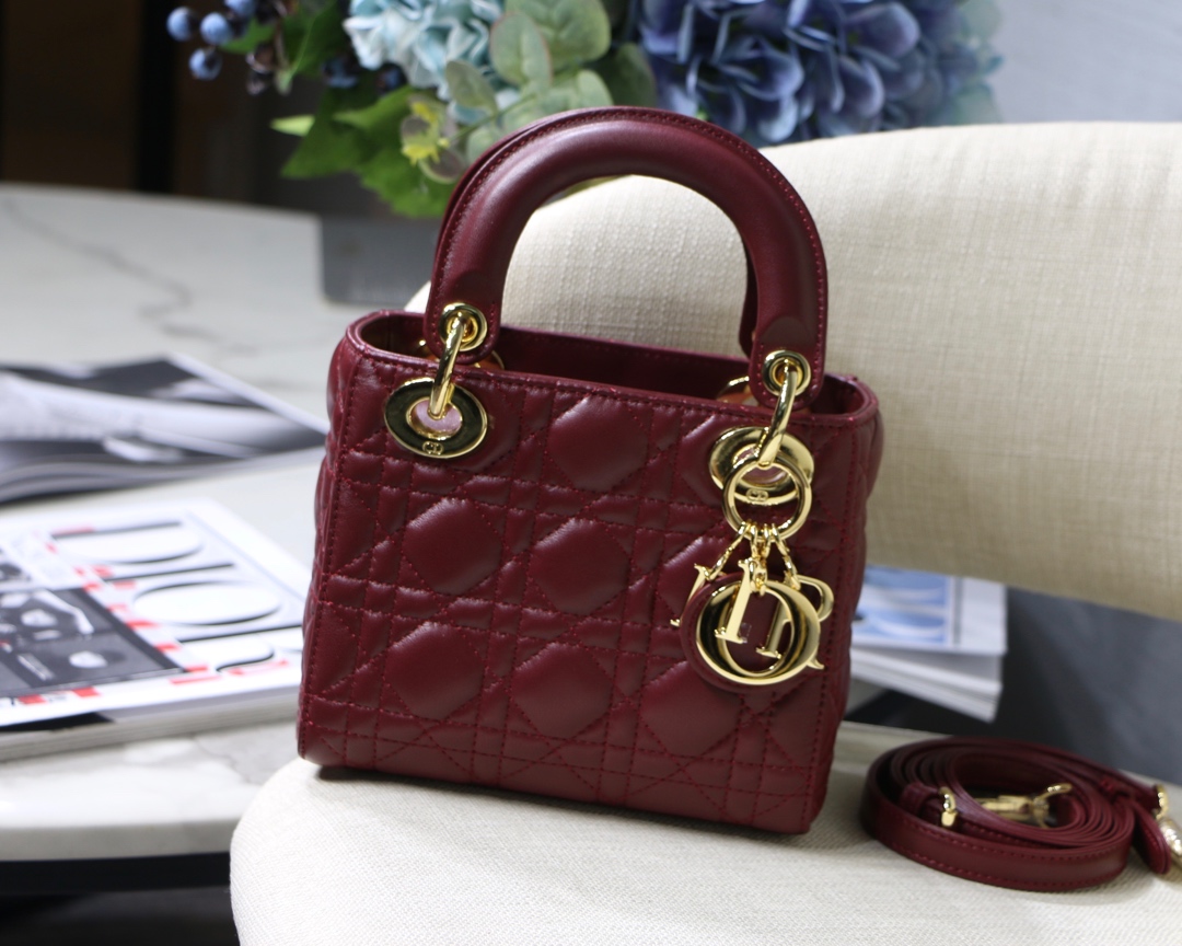 Lady Dior Bag Burgundy Lambskin Cannage Double Chain Mini Handbag