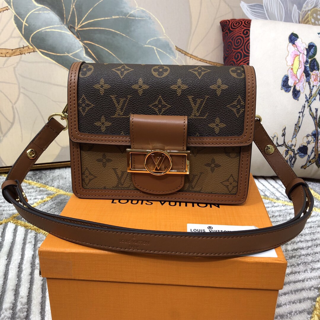 Louis Vuitton LV Dauphine Designer
 Bags Handbags Black Brown Gold Yellow Monogram Reverse Calfskin Canvas Cowhide Spring/Summer Collection Mini M44580