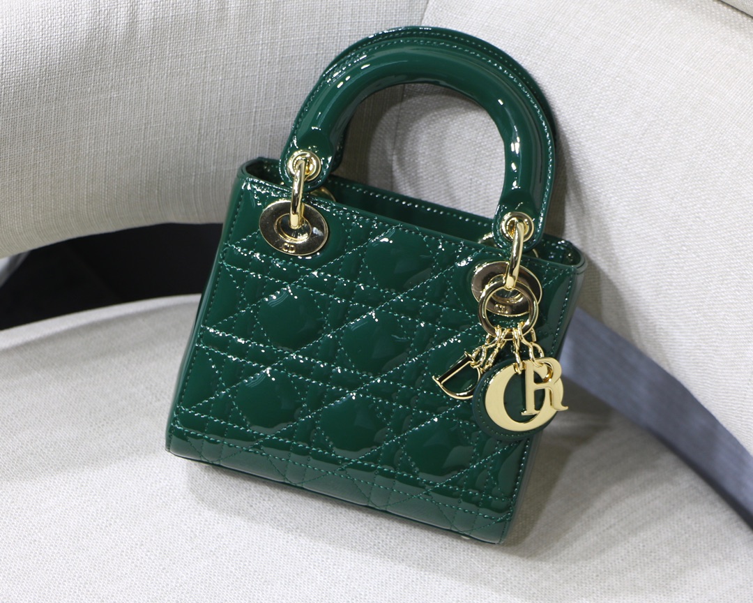 Lady Dior Mini 3-Compartment Imported Patent Calfskin Double Chain Metal Chain