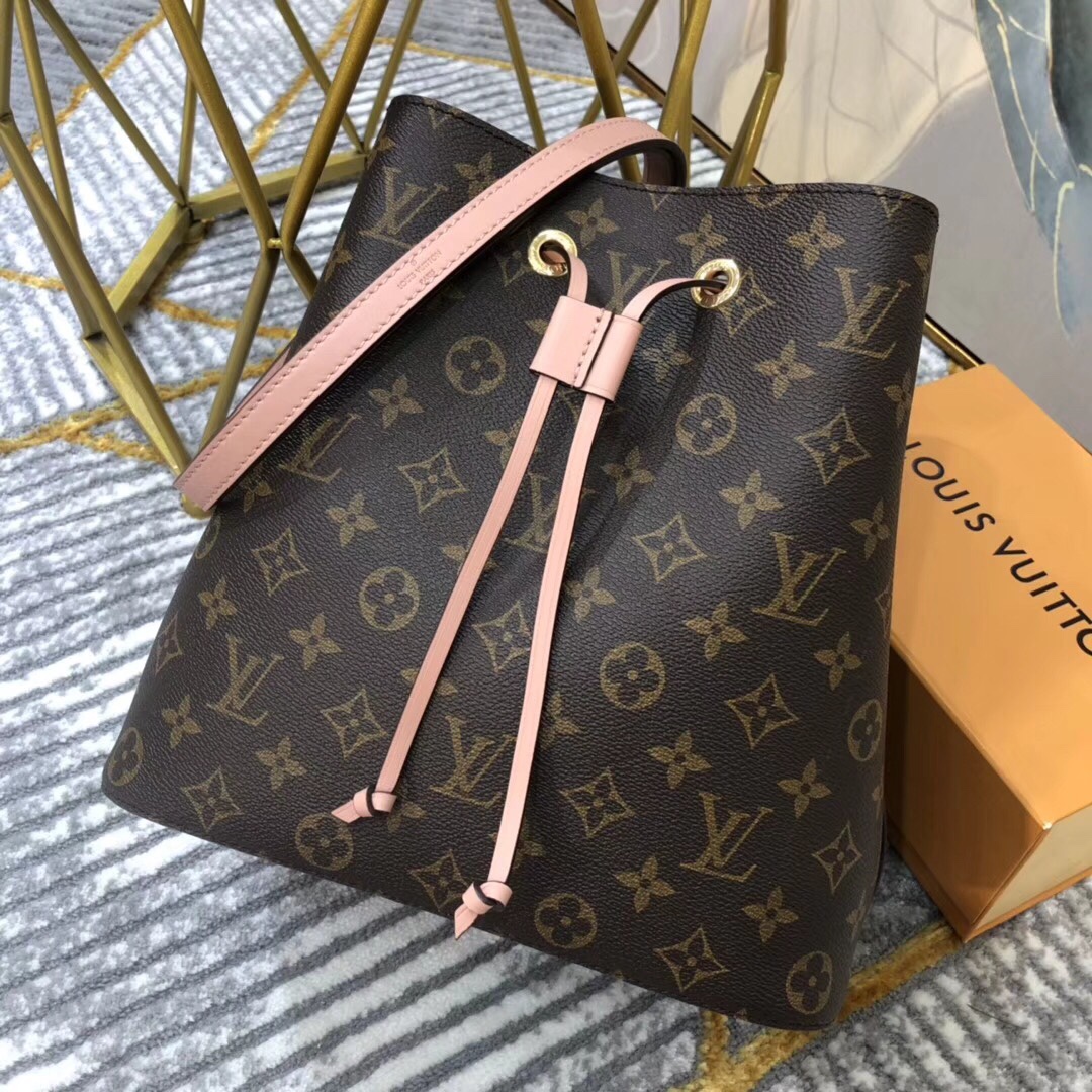 Louis Vuitton LV NeoNoe Bucket Bags Gold Pink Monogram Canvas Calfskin Cowhide Spring Collection M44022