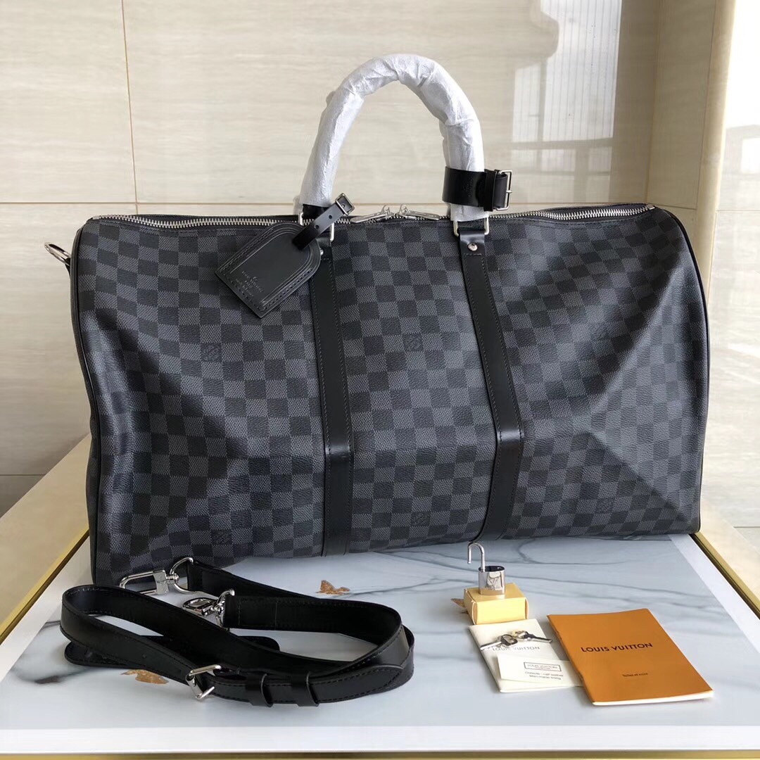 Louis Vuitton LV Keepall Travel Bags Black Grid All Steel Monogram Canvas Cowhide N41413