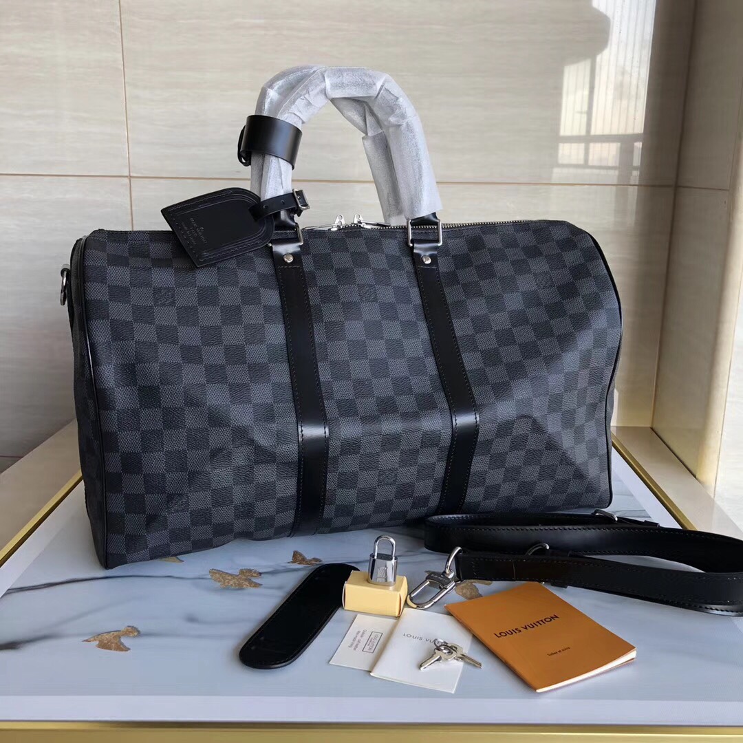 Louis Vuitton LV Keepall Travel Bags Black Grid All Steel Monogram Canvas Cowhide N41418