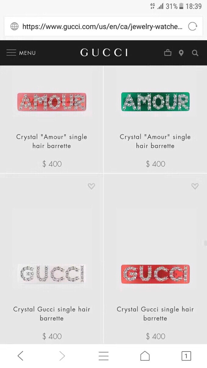 Gucci Accessori per Capelli Molletta per Capelli Verde Rosso Bianco Giallo Con diamanti Ottone