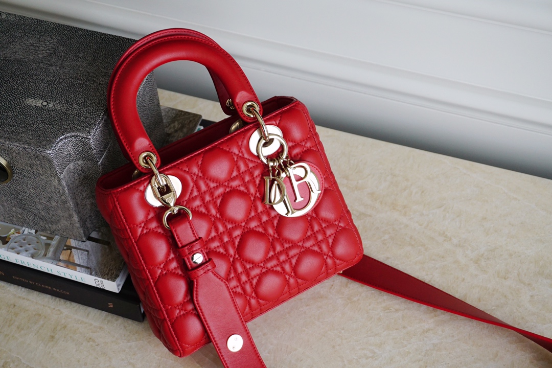 Dior Lady Handbags Crossbody & Shoulder Bags Red Gold Hardware