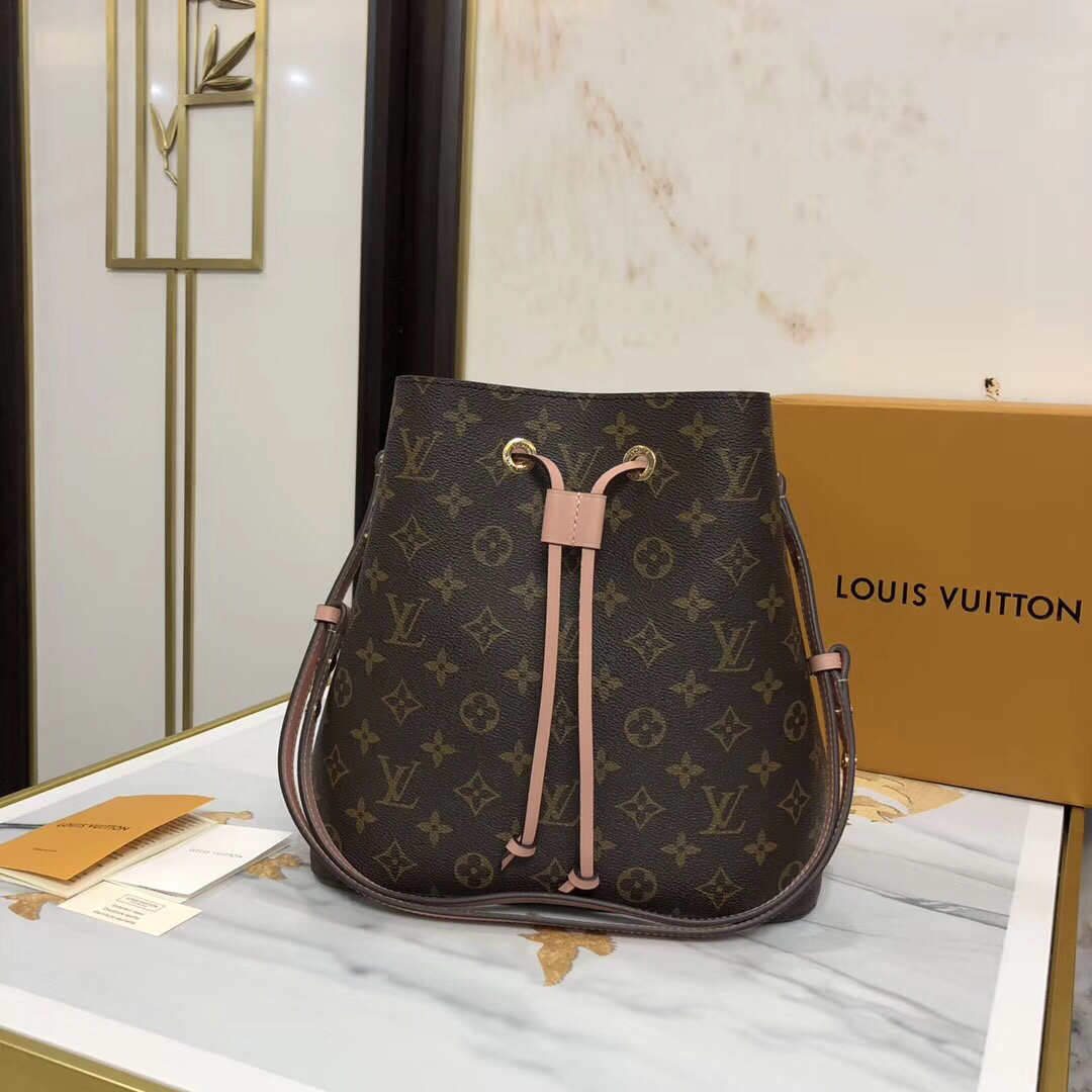 Louis Vuitton LV NeoNoe Bucket Bags Gold Pink Monogram Canvas Calfskin Cowhide Spring Collection M44022