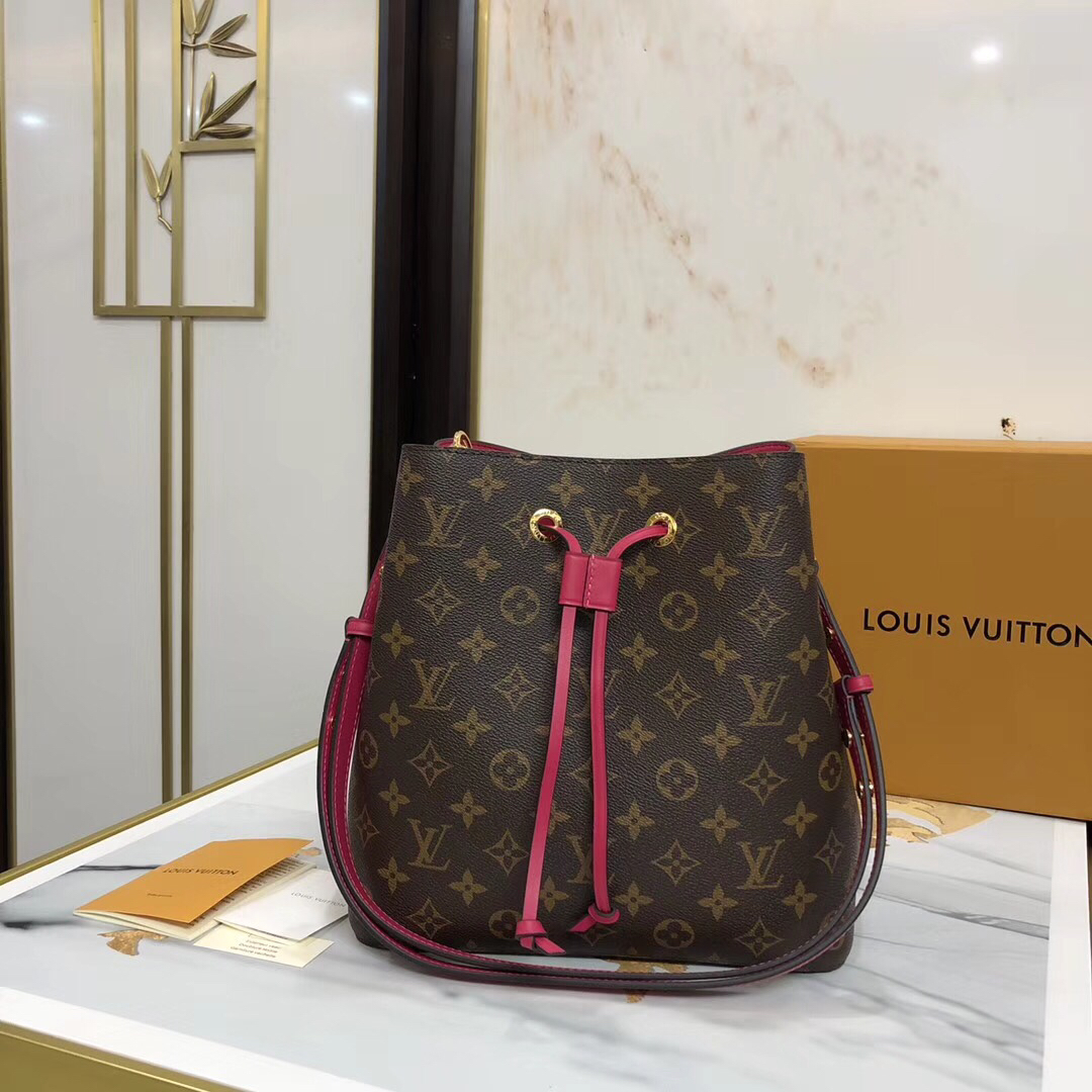 Louis Vuitton LV NeoNoe Bucket Bags Gold Red Rose Monogram Canvas Calfskin Cowhide Spring Collection M43570