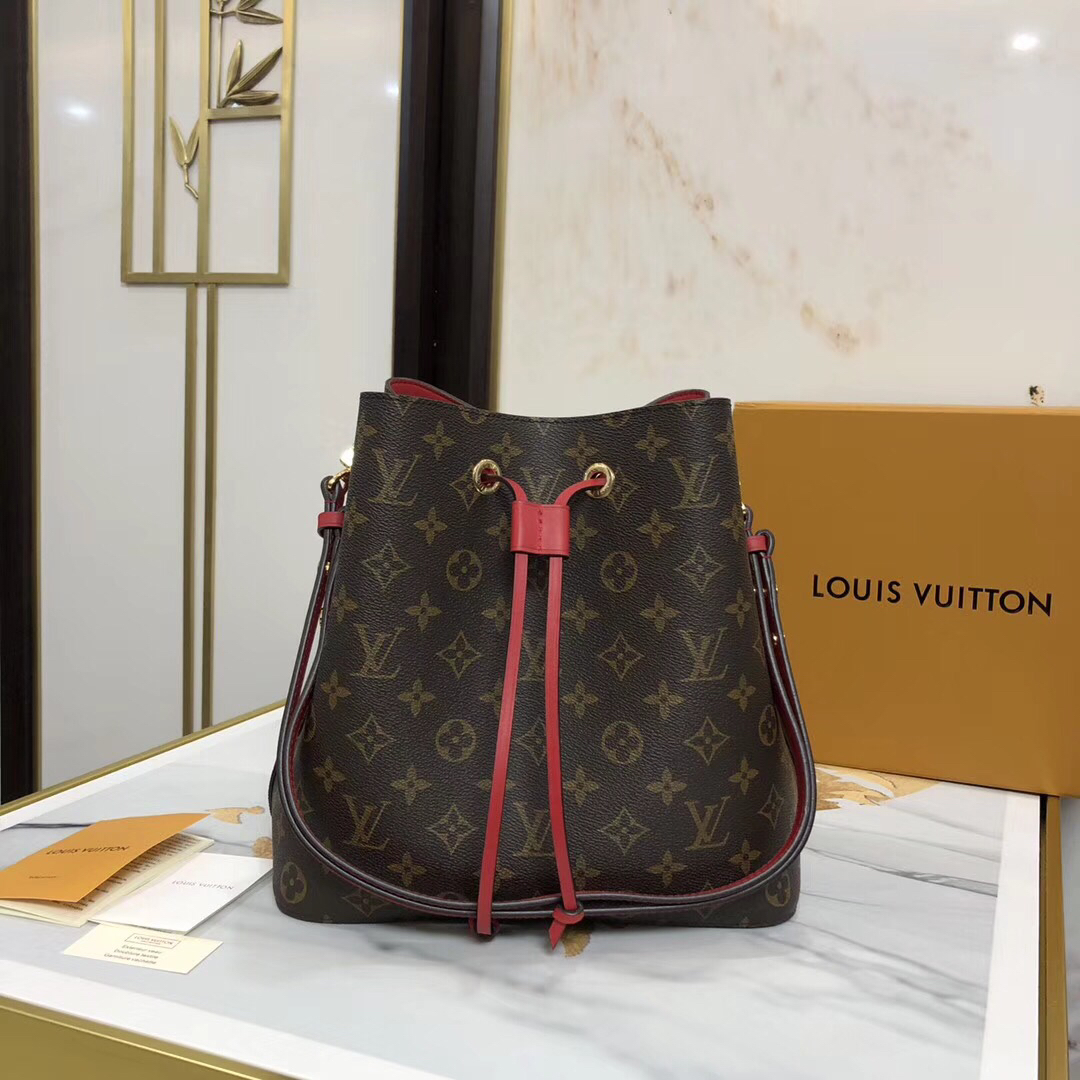 Louis Vuitton LV NeoNoe Bucket Bags Gold Red Monogram Canvas Calfskin Cowhide Spring Collection M44021