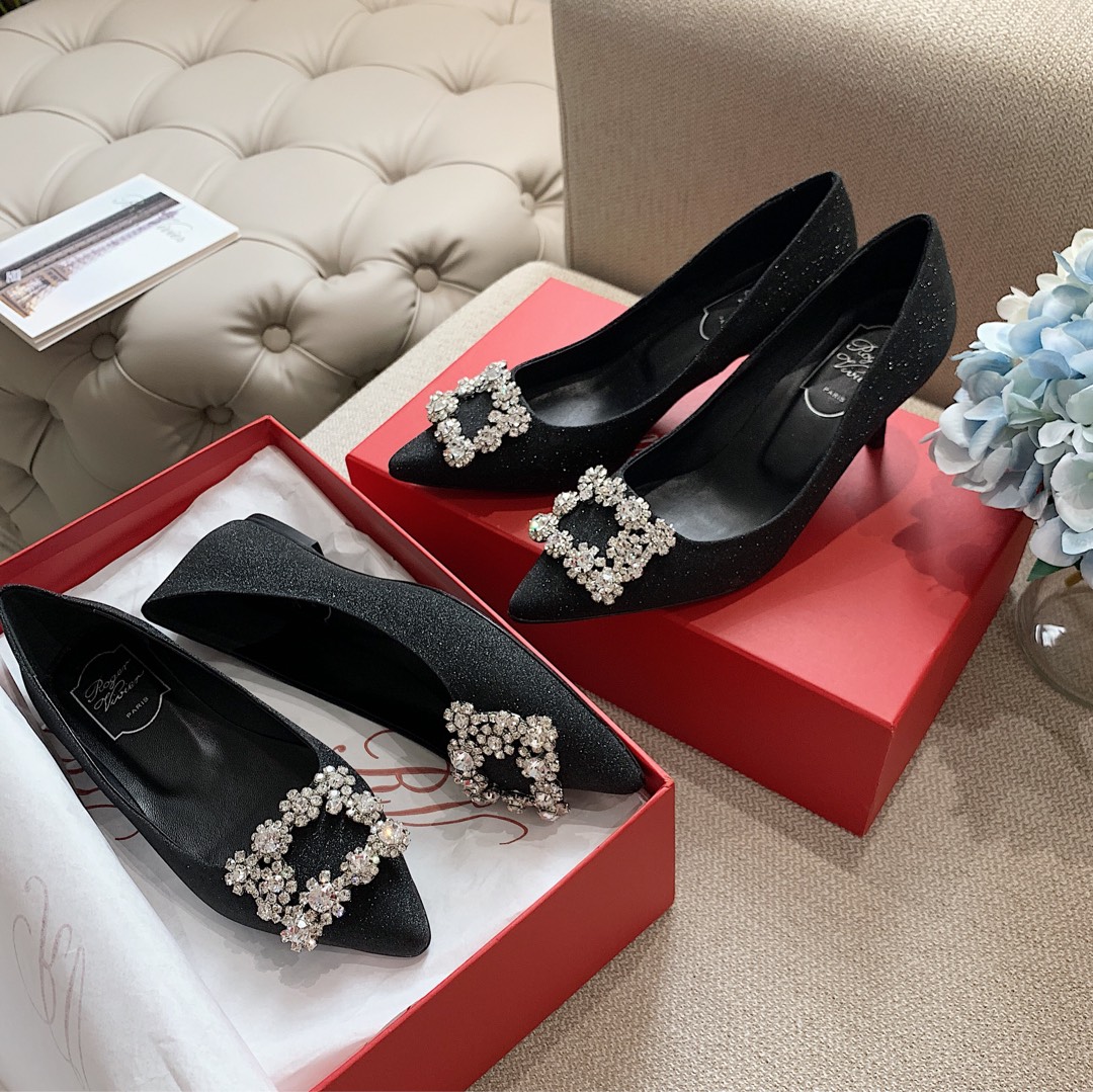 Roger Vivier Flower Strass série à strass floraux, boucle carrée éclatante en cristal, premier choix pour chaussures de mariage, soie importée, argent scintillant, tissu