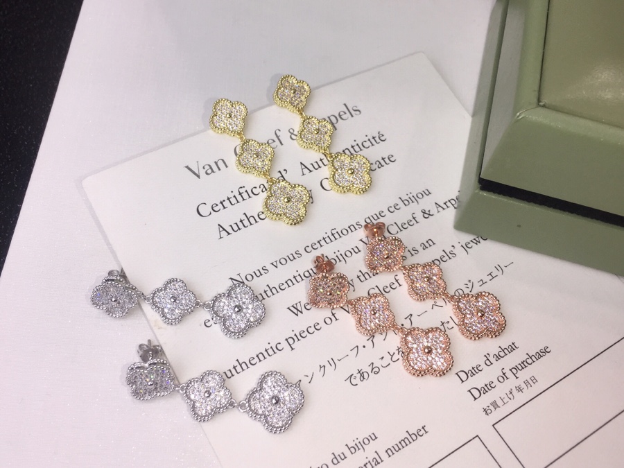 Van Cleef & Arpels Joyas Pendiente Oro Platino Rosas Blanco Amarillo Incrustados con diamantes 925 plata