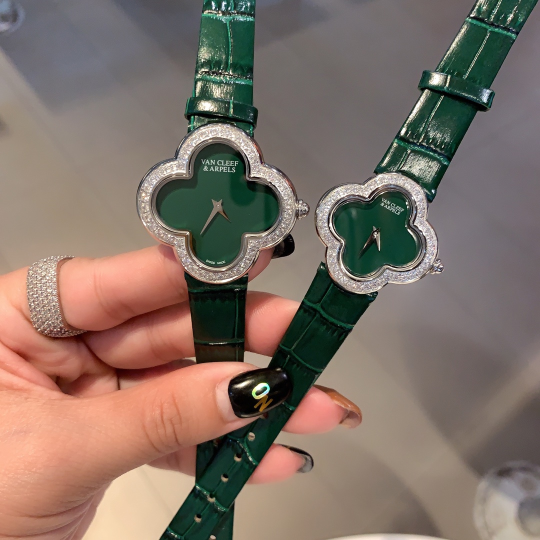 Van Cleef & Arpels Alhambra Vintage Clover Watch with Green Leather Strap
