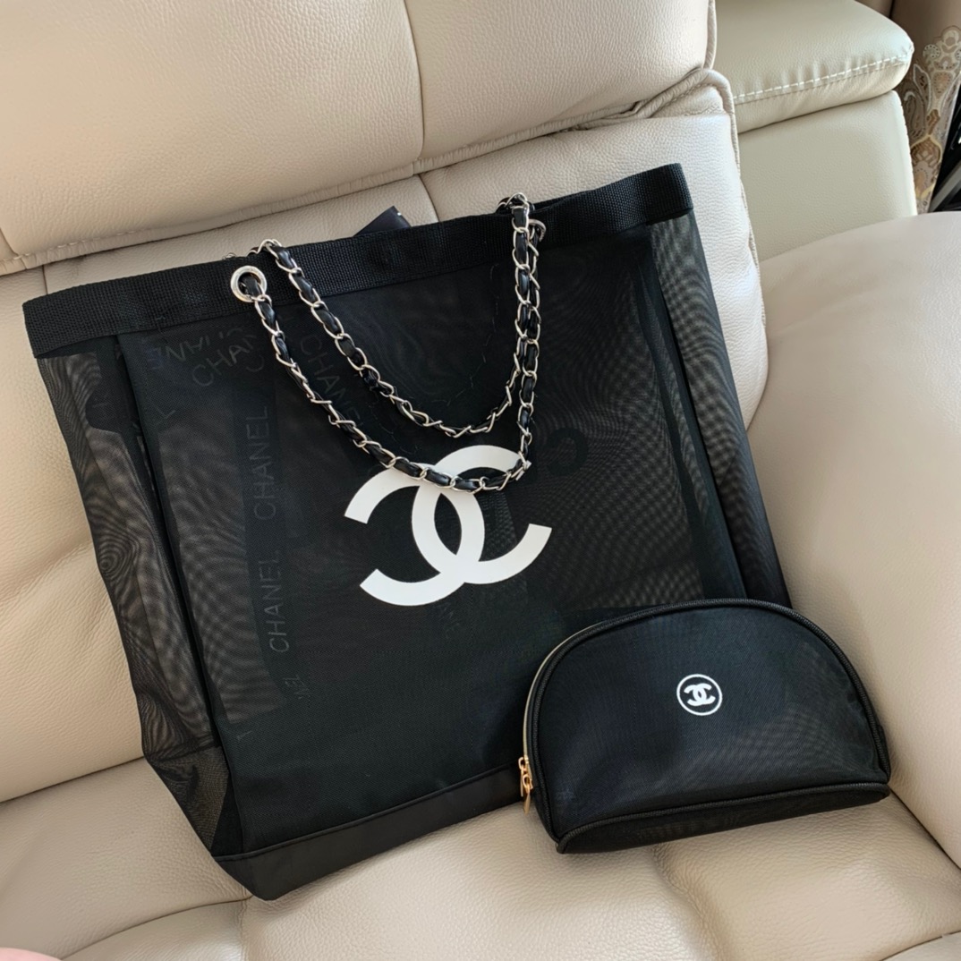 小香专柜vip赠品黑金/黑银 纱网沙滩包,托特包+化妆包两件套 6
