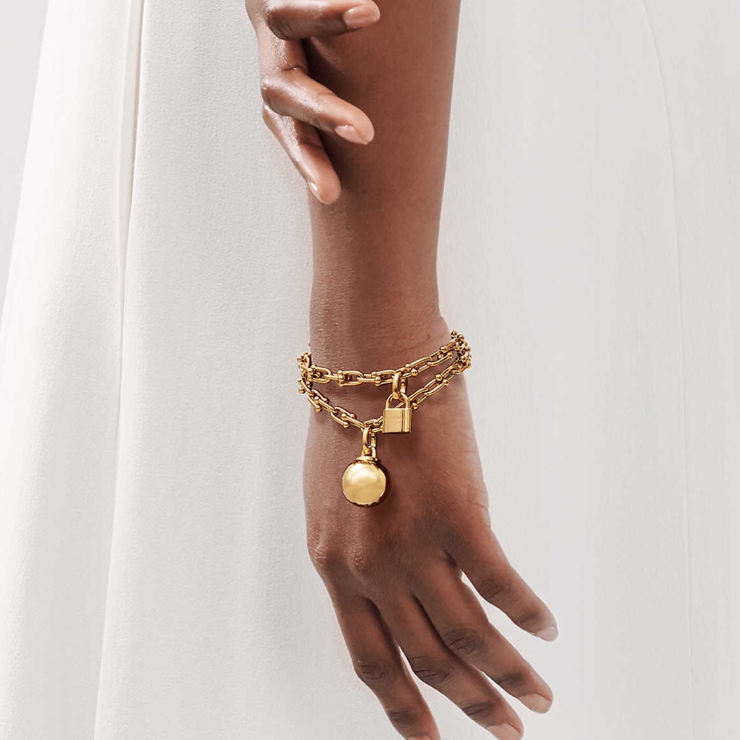 Tiffany & Co. 竹节吊球锁头手链TFN蒂芙尼锁头圆球吊件双圈缠绕式手链 亚金材料 金银玫3个色 40cm