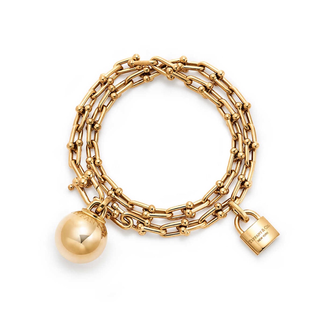 Tiffany & Co. 竹节吊球锁头手链TFN蒂芙尼锁头圆球吊件双圈缠绕式手链 亚金材料 金银玫3个色 40cm