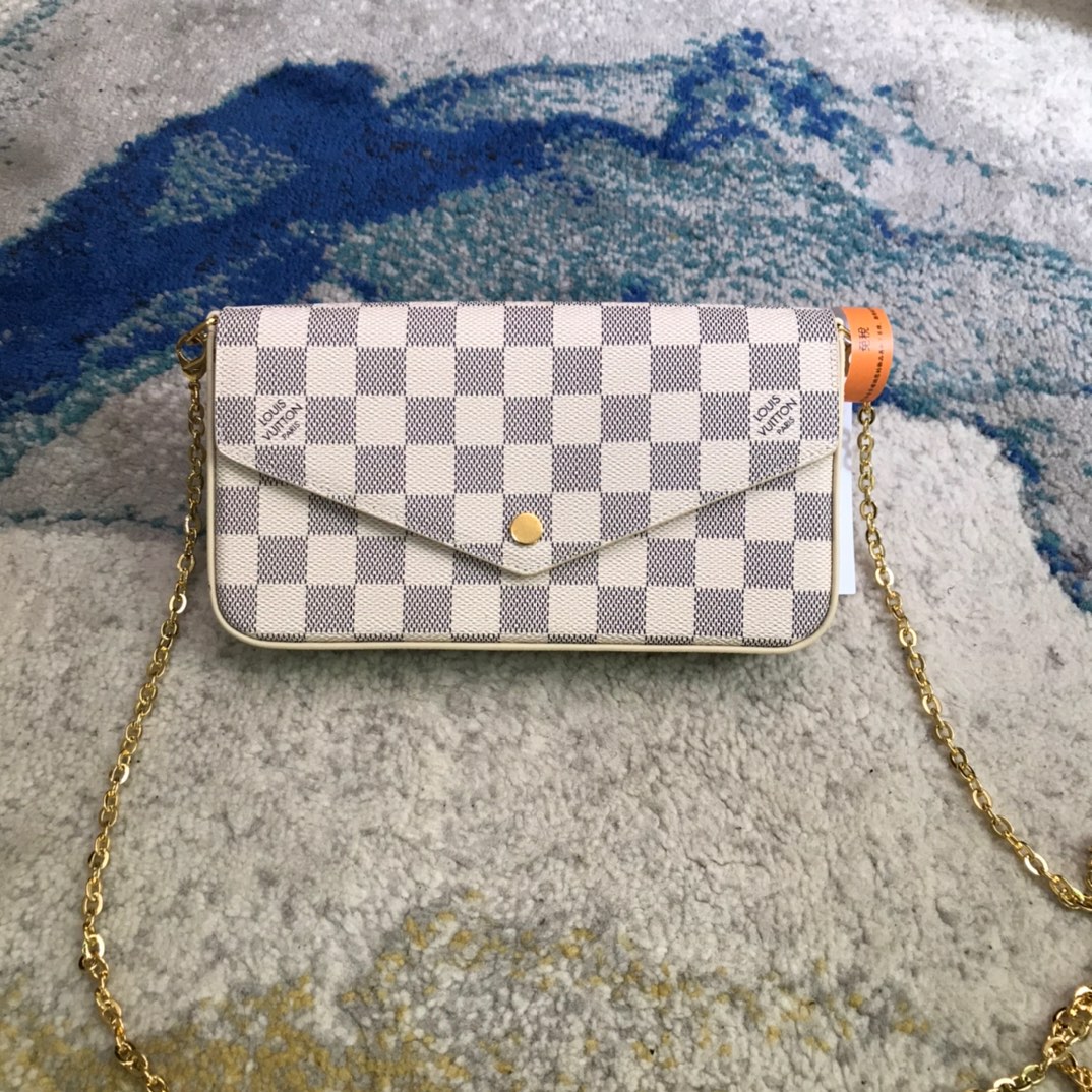 Louis Vuitton LV Pochette FeLicie Bags Handbags Gold White Damier Azur Canvas Chains N63106