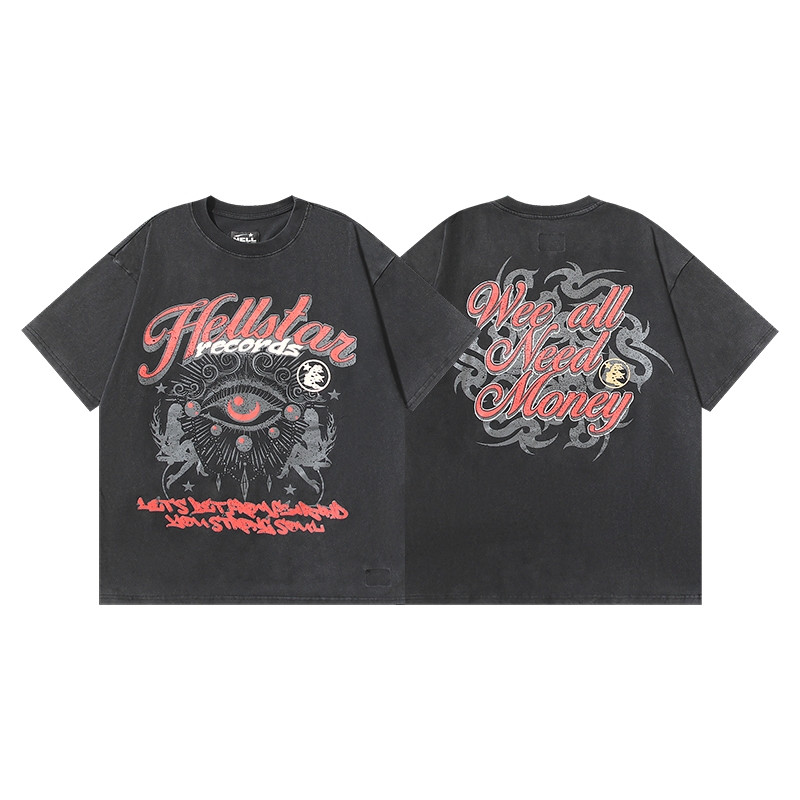 630# Negro lavado, foto real, camiseta de manga corta Hellstar con estampado lavado. Tejido: 250 g, 32 cabos, algodón p…
