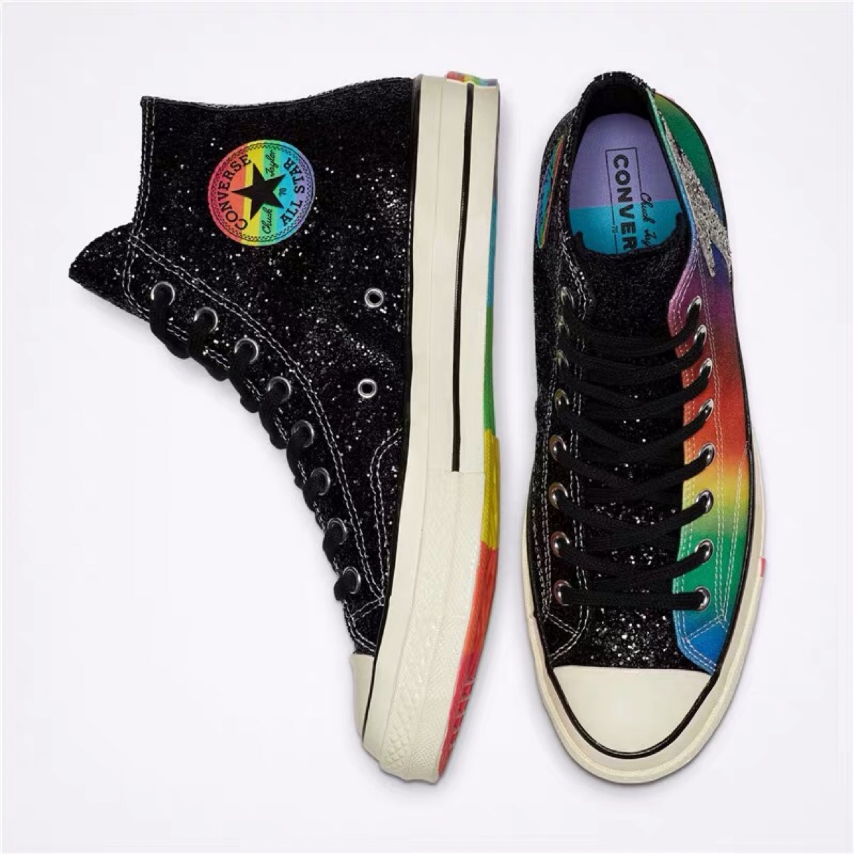 160  四色LGBT骄傲月限定配色齐！匡威Converse All Star Chuck 1970 ”Pride Pack” Hi高帮经典休闲运动硫化板鞋“渐变彩虹颗粒特闪电”165716C