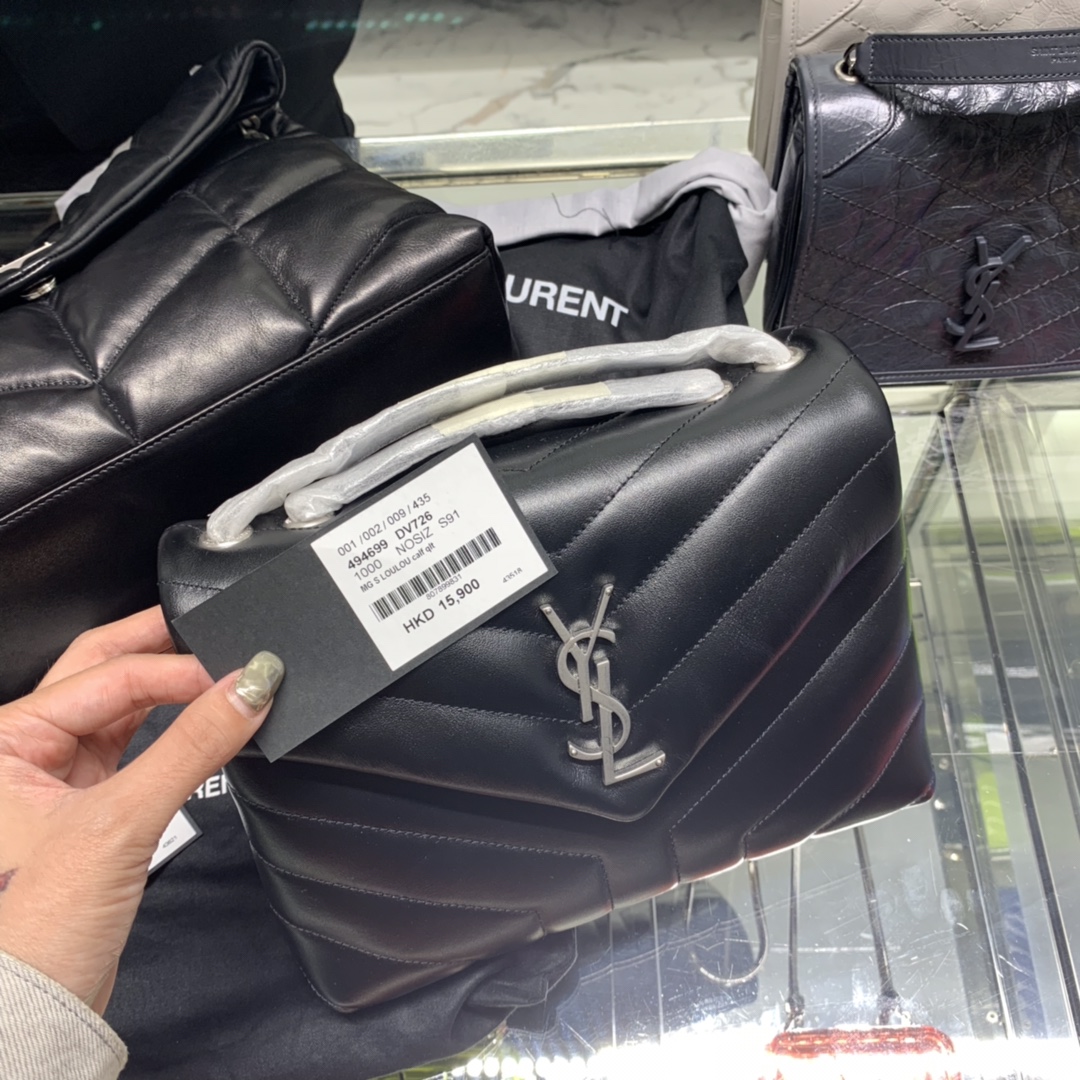 YSL LOULOU 23CM Y型绗缝链条包 494699黑色/银扣